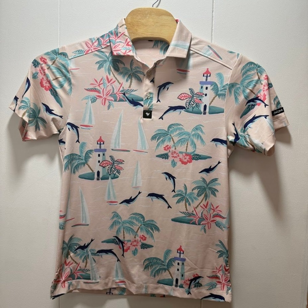 Bad Birdie Mens Golf Polo Shirt‎ Pink Tropical Dolphin Lighthouse Sailboat Small